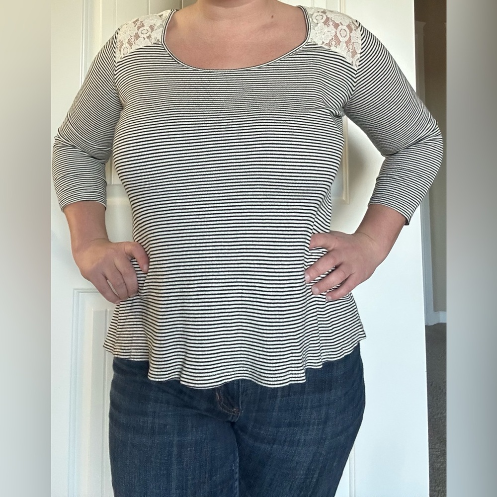 American Rag- White and black striped 3/4 sleeve shirt with lace size small